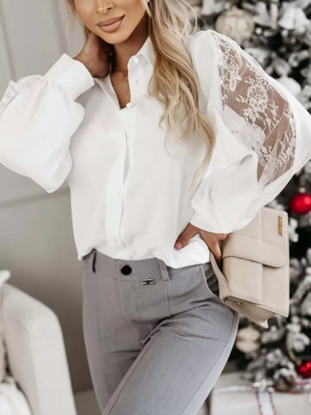 Lace-sleeve Button Up Shirt in Dark Green, fabric detail