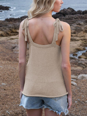 Khaki knit tank top with tie straps and deep V-neck detail