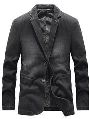 Men's medium wash denim blazer with button-down front and distressed details.