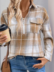 Plaid zip-through shirt in camel with chest pocket and collared neckline.