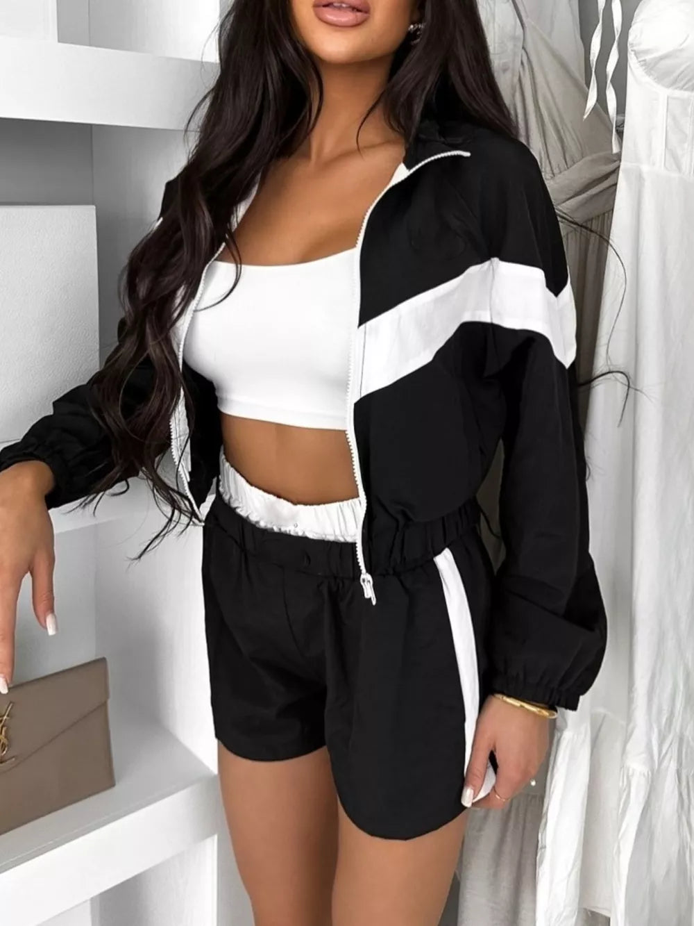 Zip Up Long Sleeve Outerwear And Shorts Set, fabric detail