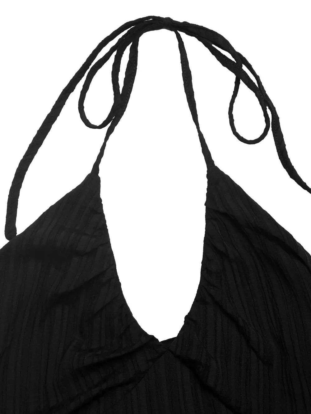 Black ruched halter maxi dress with deep V-neck and tie straps.