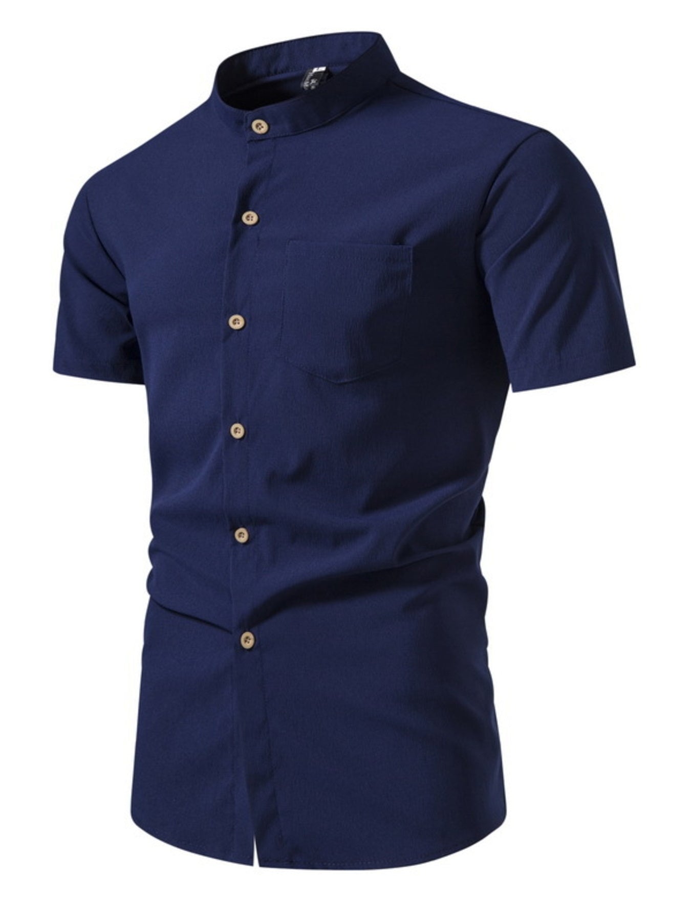 Men's dark blue cotton band collar button-up shirt with short sleeves and chest pocket.