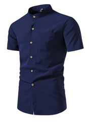 Men's dark blue cotton band collar button-up shirt with short sleeves and chest pocket.