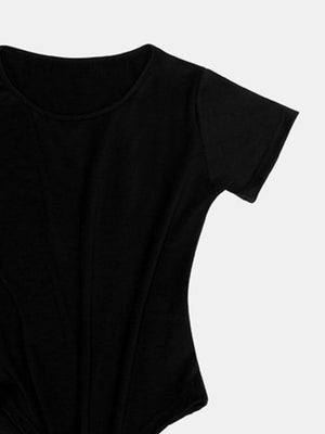 Black scoop-neck bodysuit with short sleeves and sculpted seams