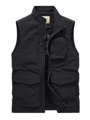 Men's black multi-pocket vest with zip closure and stand collar.
