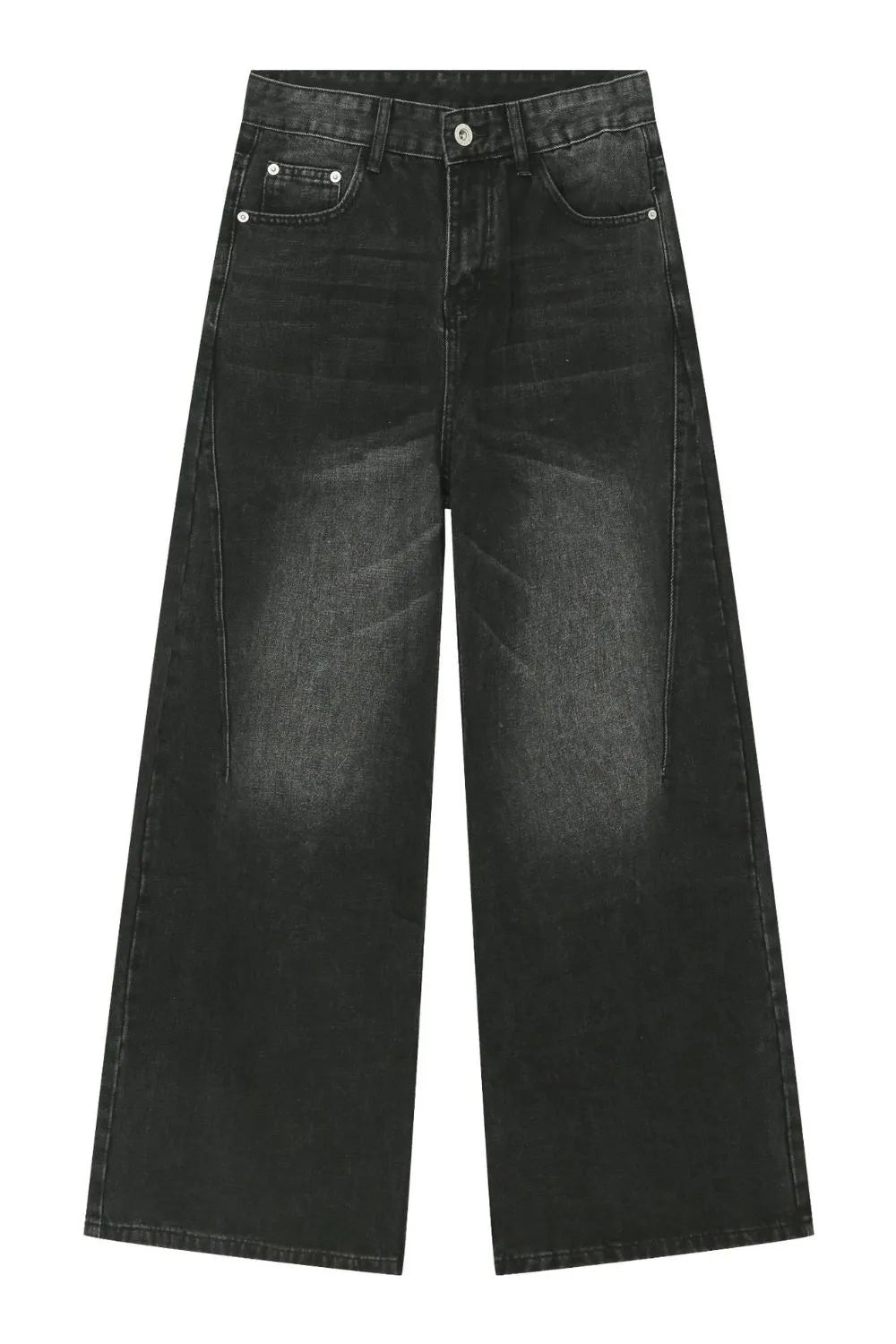 Oversized black wash denim jeans with wide legs and a casual chic style.
