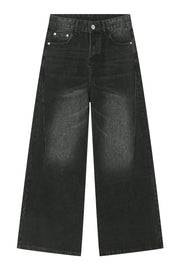 Oversized black wash denim jeans with wide legs and a casual chic style.