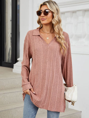 Dusty Pink ribbed knit collared tunic top with long sleeves and a V-neck.