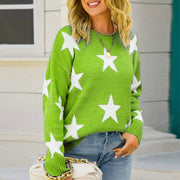 Mid Green Starburst Knit Crewneck sweater with white stars, acrylic, crewneck, long sleeves.