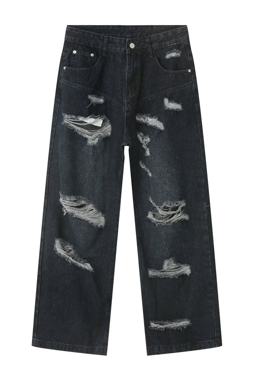 Dark baggy denim jeans with statement rips and a comfortable cotton feel.