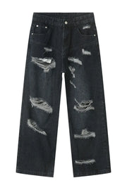 Dark baggy denim jeans with statement rips and a comfortable cotton feel.