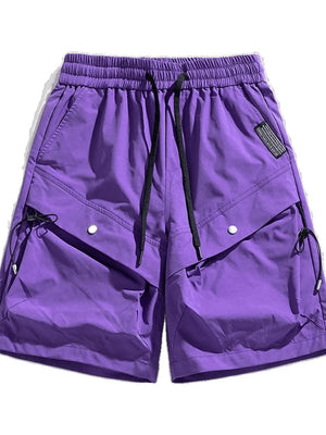 Purple relaxed fit cargo shorts with drawstring waist and multiple pockets.