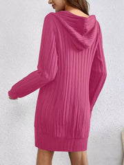 Women's Fuchsia Pink Ribbed Knit Hoodie Dress with long sleeves and a hood.