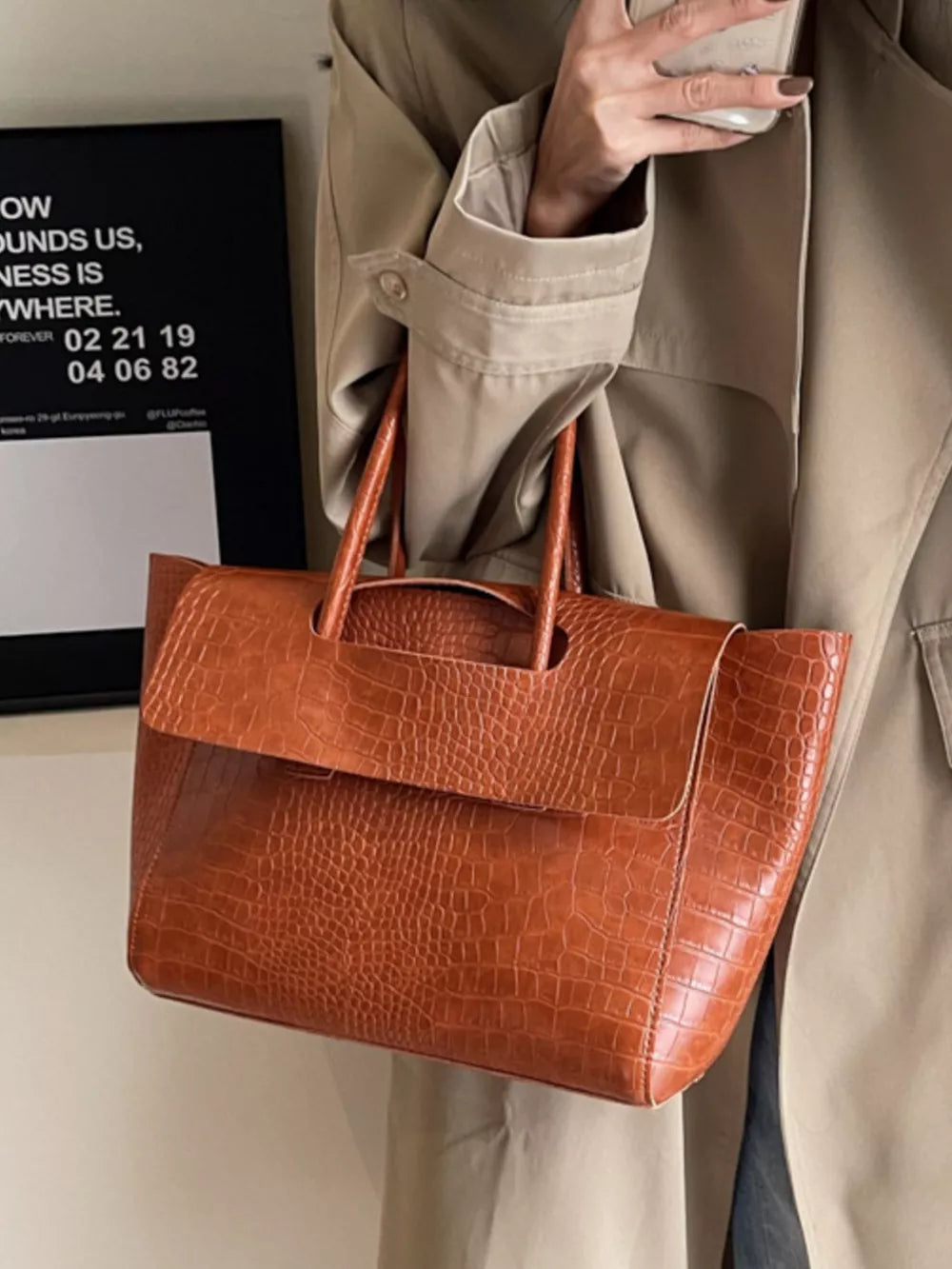 Crocodile-embossed Shoulder Bag in Brown, front view