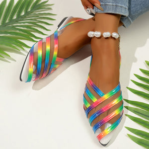 Chic mesh pointed slingback flats with rainbow straps and a white sole.
