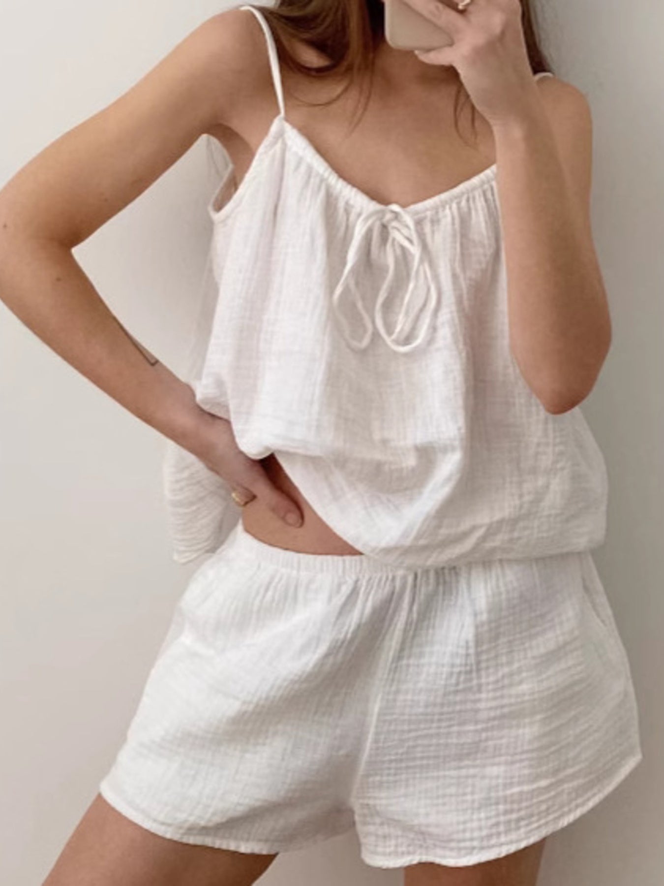 White cotton cami pajama set with tie front and matching shorts