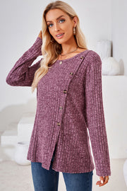 Asymmetric button ribbed knit top in Red-Violet with long sleeves and a rounded neckline.