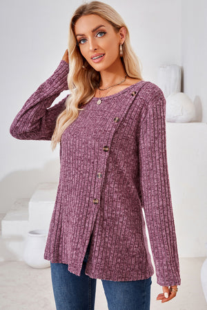 Asymmetric button ribbed knit top in Red-Violet with long sleeves and a rounded neckline.