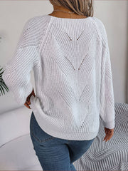 White knit sweater with square neckline and open knit pattern