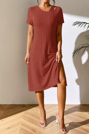 Orange-red ribbed midi dress with short sleeves and asymmetrical shoulder detail.