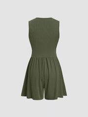 Army green ribbed maternity romper with cinched waist and flared shorts.