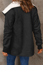 Black suede-effect jacket with white sherpa collar and cuffs