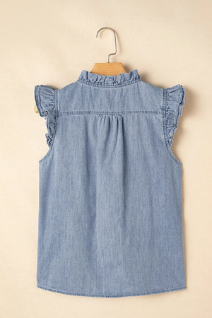 Chambray sleeveless blouse with ruffled neckline and sleeves.