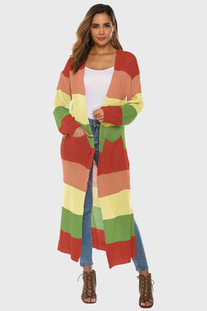 Maxi cardigan with rainbow stripes, pockets, and open front in acrylic knit.