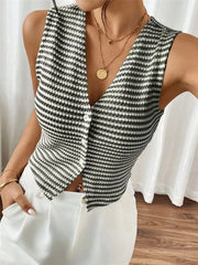 Chic striped knit v-neck tank top with button front, styled with white pants.