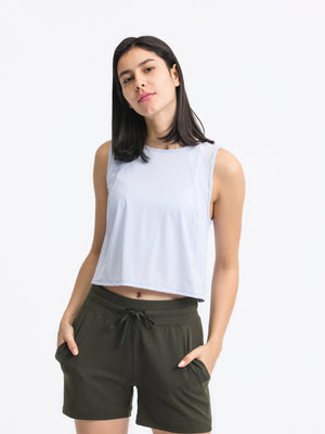 Light Blue mesh-inset back cropped active tank with crewneck and sleeveless design.