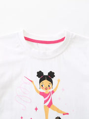 White cotton toddler t-shirt with a pink-trimmed neckline and a graphic of a girl doing gymnastics.