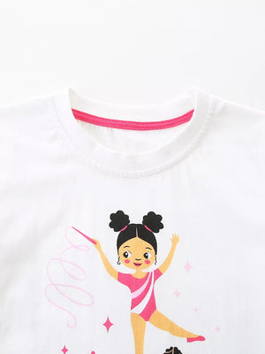 White cotton toddler t-shirt with a pink-trimmed neckline and a graphic of a girl doing gymnastics.