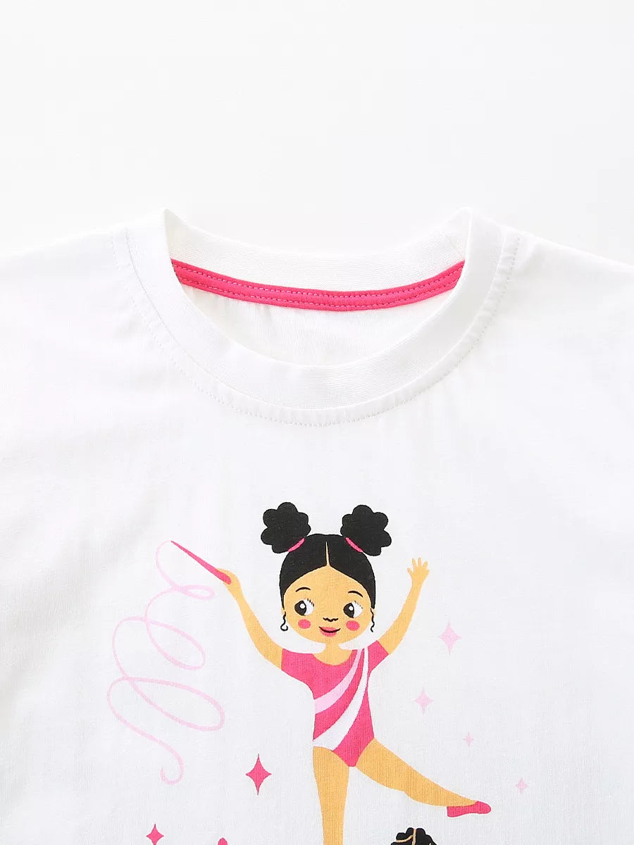 White cotton toddler t-shirt with a pink-trimmed neckline and a graphic of a girl doing gymnastics.