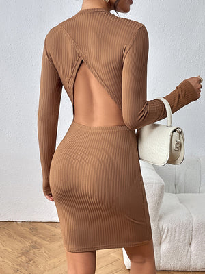 Tan ribbed backless mini dress with long sleeves and a sculpted fit.
