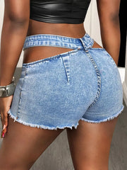 Cut-out Denim Shorts With Frayed Hem in Blue, back view