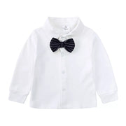 Baby white long sleeve shirt with a dark navy striped bow tie