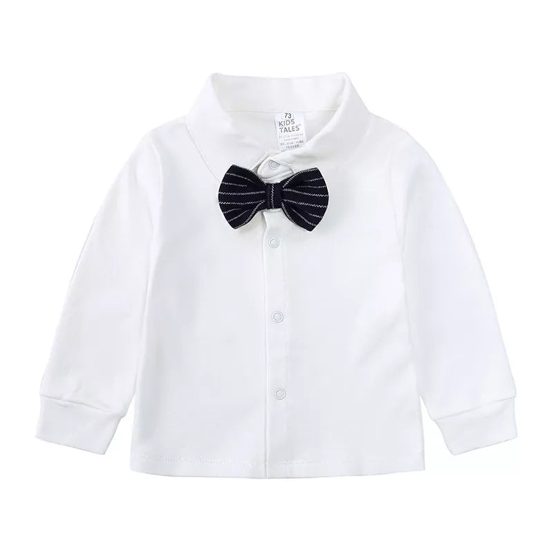Baby white long sleeve shirt with a dark navy striped bow tie