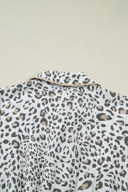 Print button-down midi dress with leopard pattern and contrast collar.