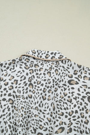 Print button-down midi dress with leopard pattern and contrast collar.