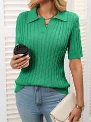 Green cable knit polo sweater with short sleeves and collar detail