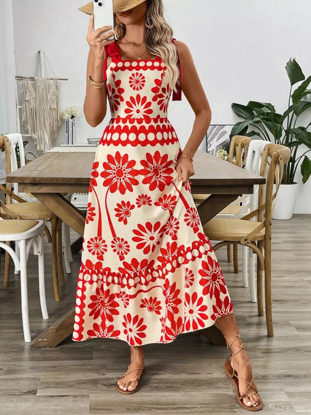 Charming Floral Tie-shoulder Midi Dress in red floral print with bow detail.