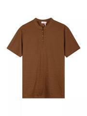 Men's brown buttoned henley t-shirt with band collar and short sleeves.