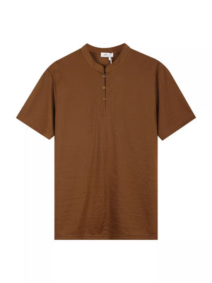 Men's brown buttoned henley t-shirt with band collar and short sleeves.