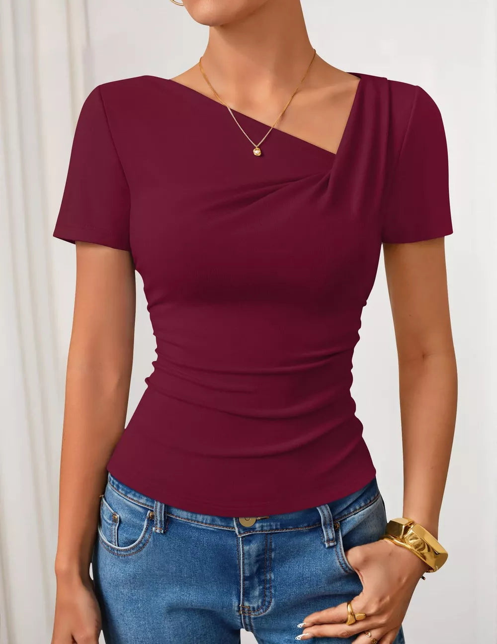 Burgundy maternity t-shirt with asymmetrical neckline and ruched side detail