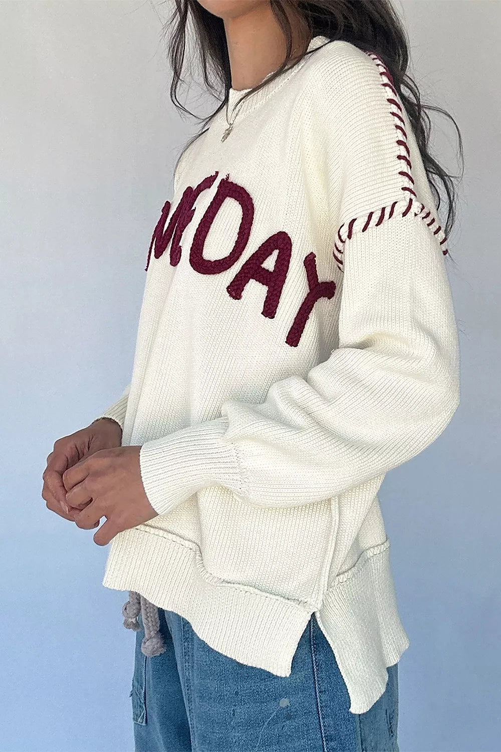 Drop Shoulder Game Day Letter Sweater in White, fabric detail