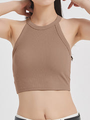 Camel ribbed halter crop top with contrast stitching and a high neckline.