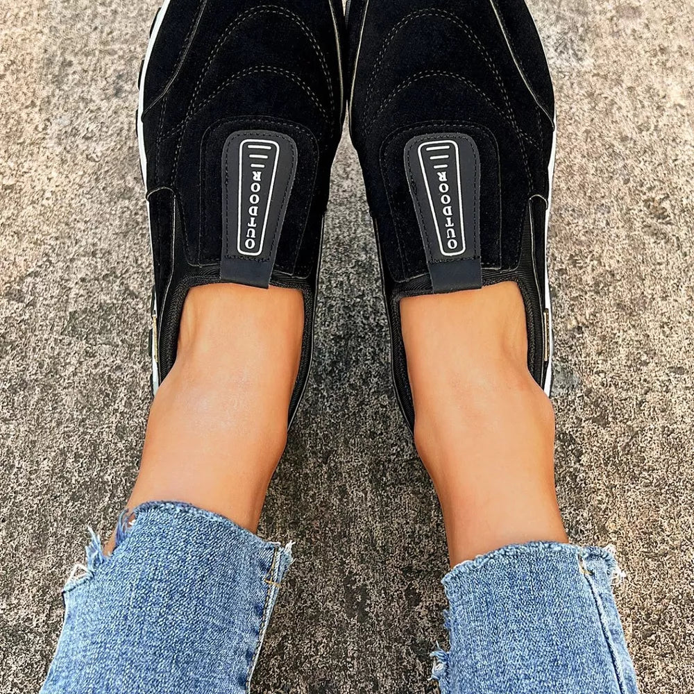 Black suede-like round toe slip-on sneakers with "OUTDOOR" detail.