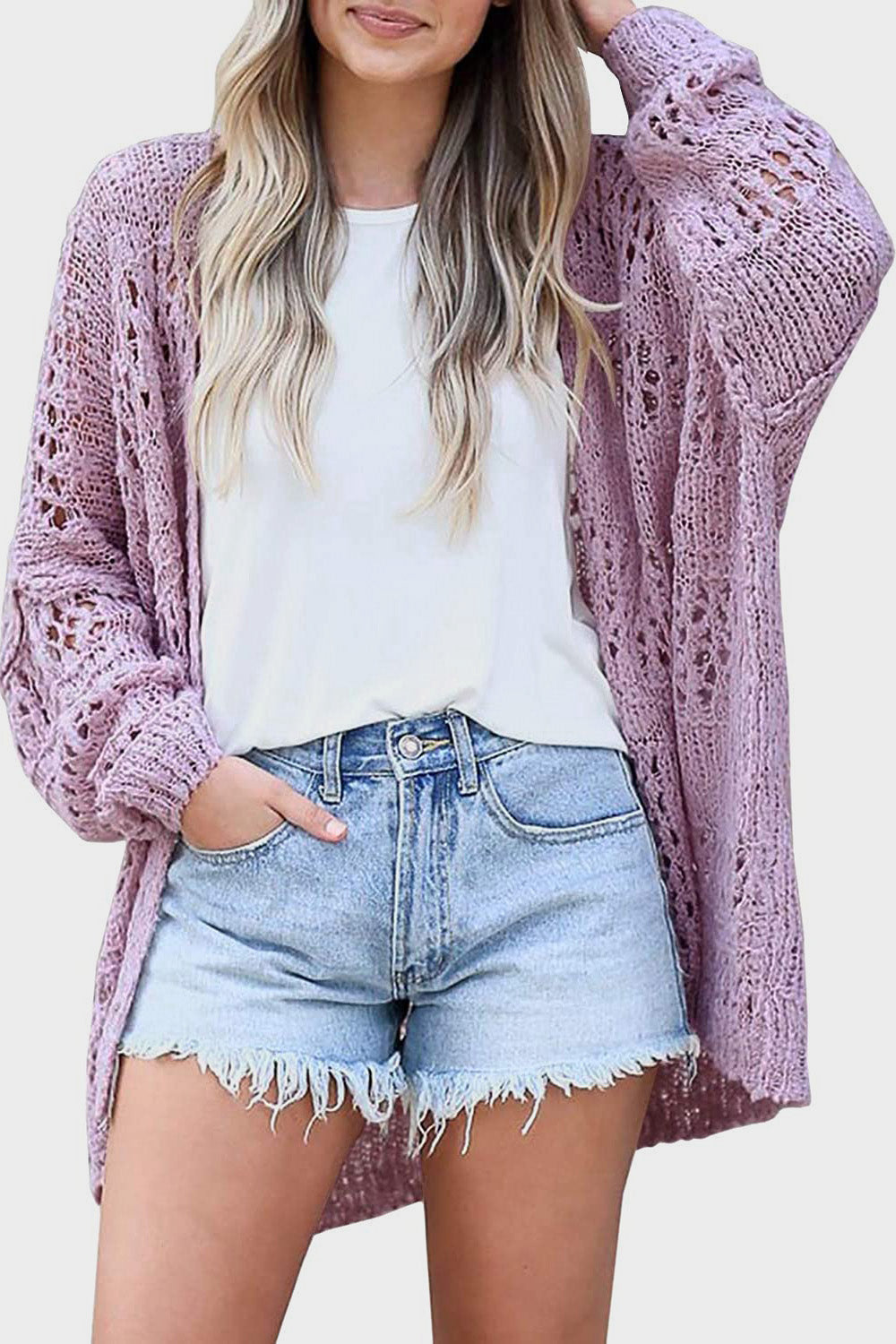 Lavender open-knit slouchy cardigan with wide sleeves and a relaxed fit.