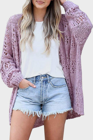 Lavender open-knit slouchy cardigan with wide sleeves and a relaxed fit.